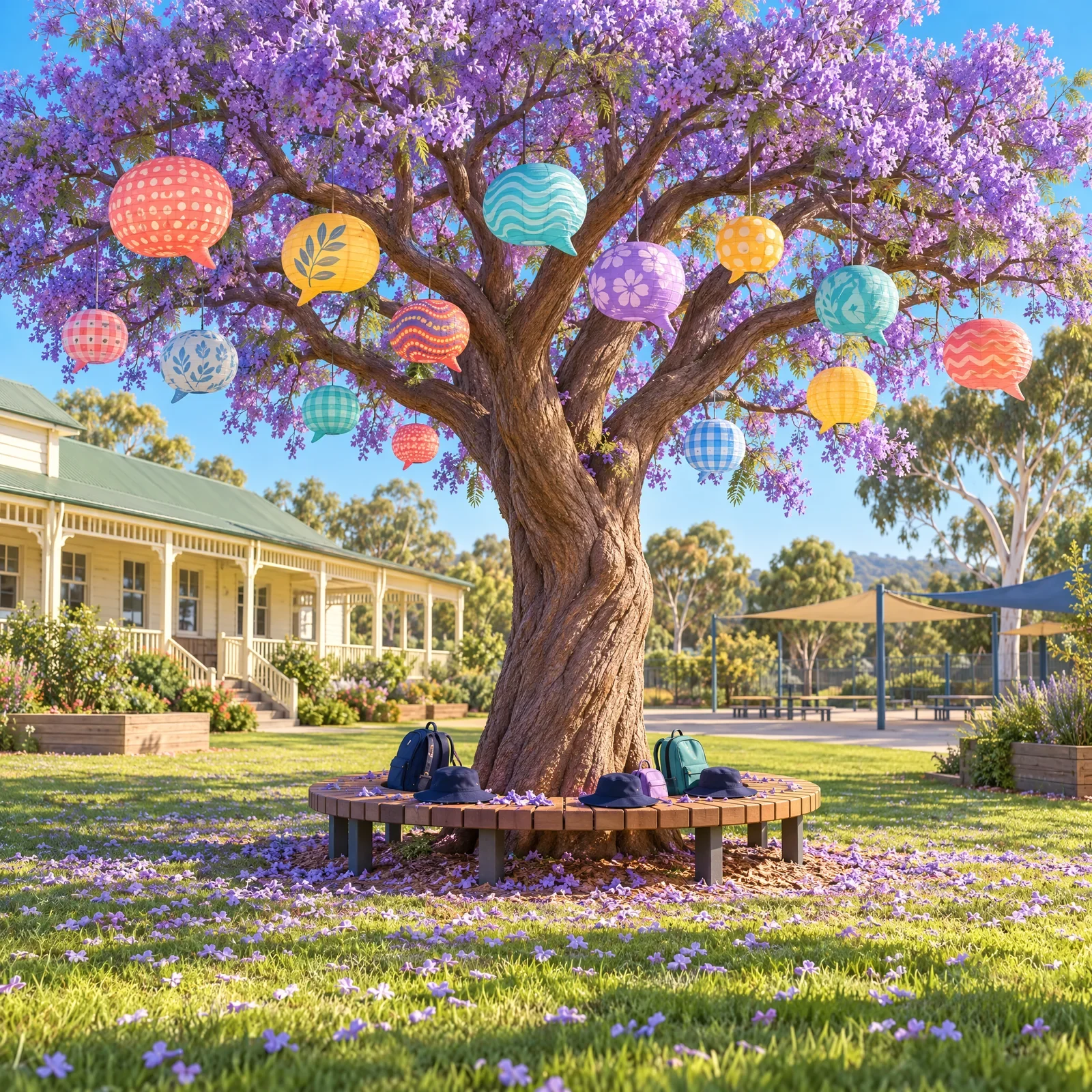 A jacaranda in bloom in a schoolyard, hung with colourful patterned lanterns shaped like speech bubbles.