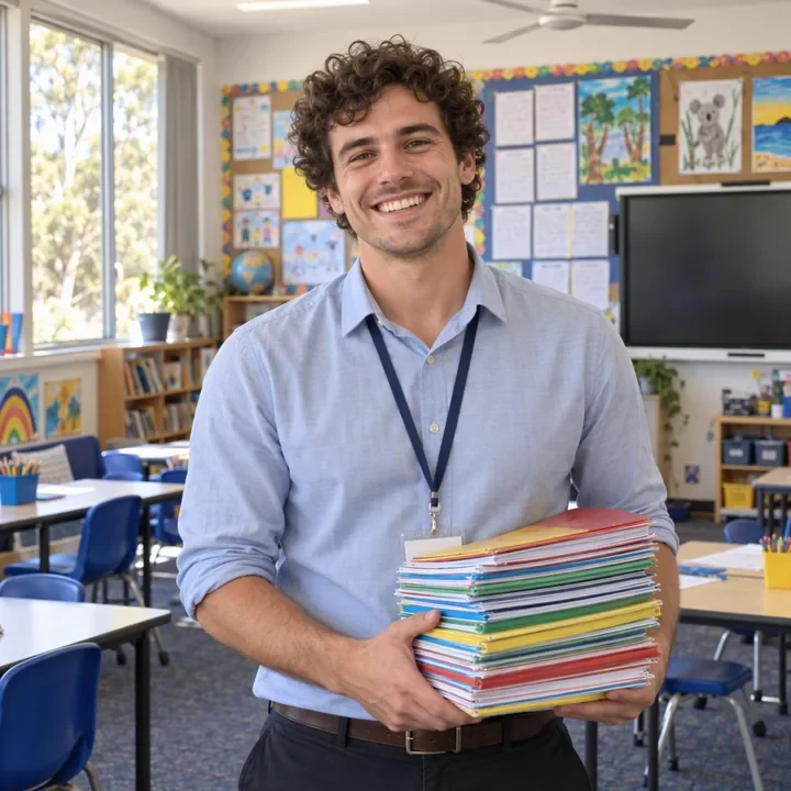 A smiling teacher carrying a stack of exercise books