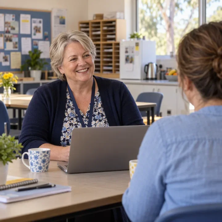 A school principal talking with a colleague in the staffroom