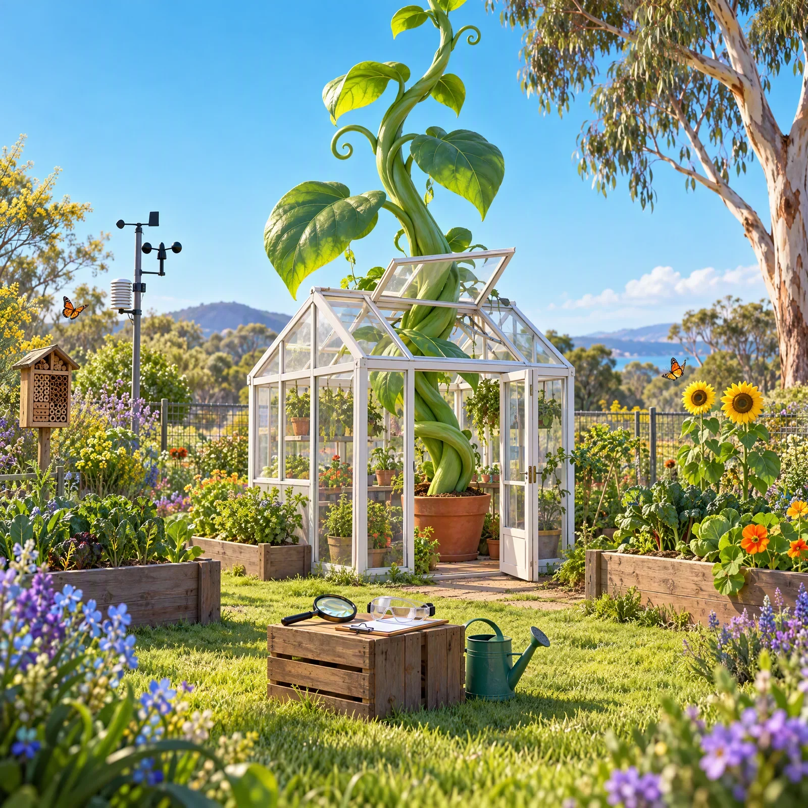 A giant seedling has burst up through the roof of a school glasshouse.