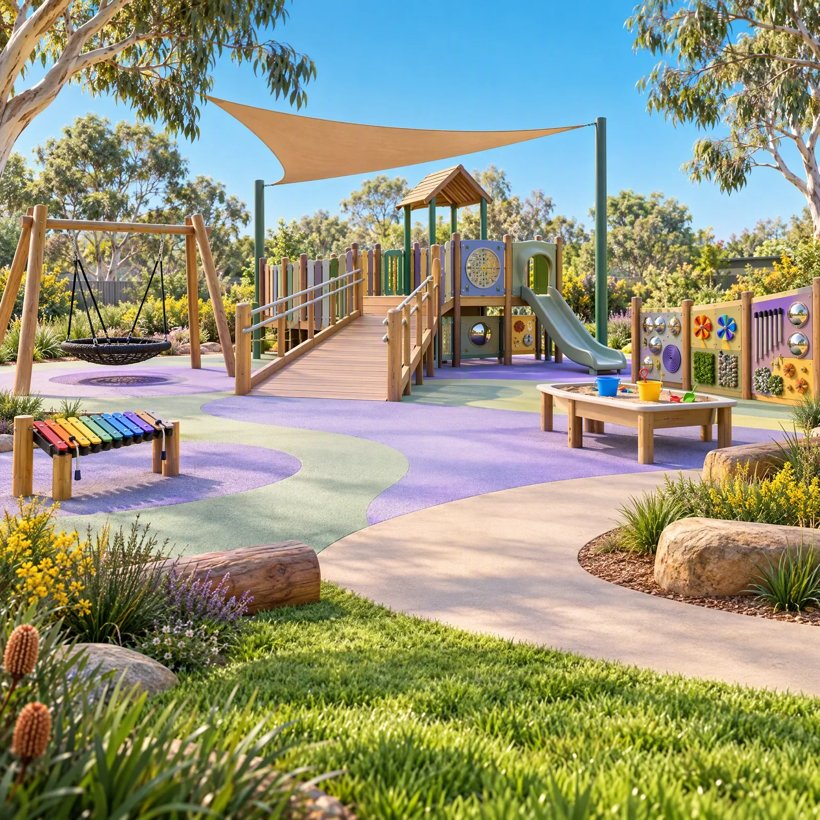 A playground with a ramp, a basket swing and a raised sandpit.