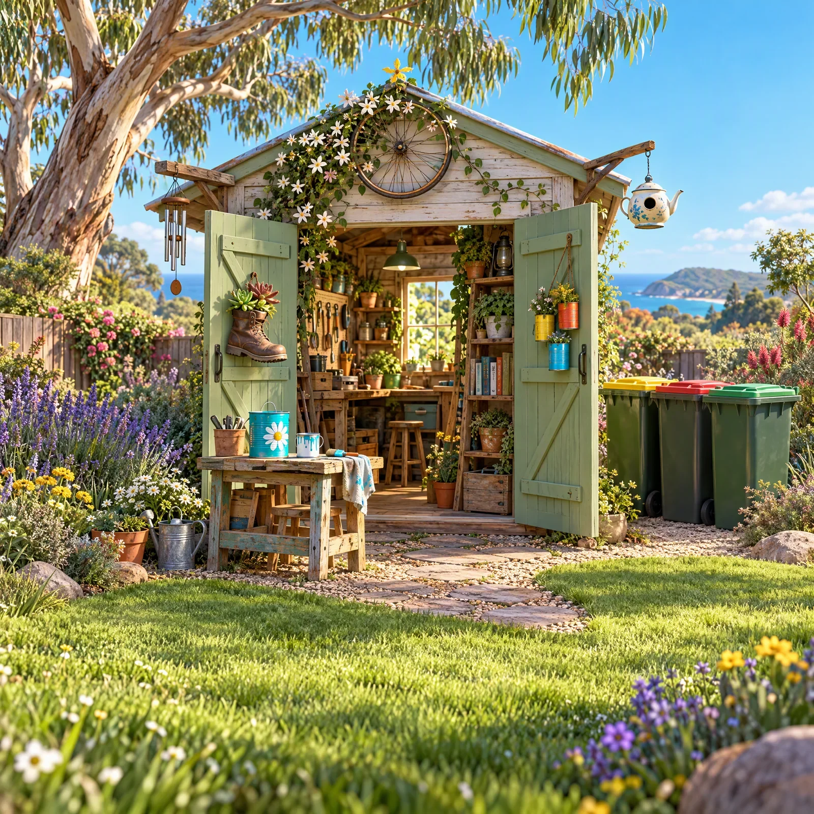 An old boot, tin cans and a bicycle wheel have new uses around a garden shed.