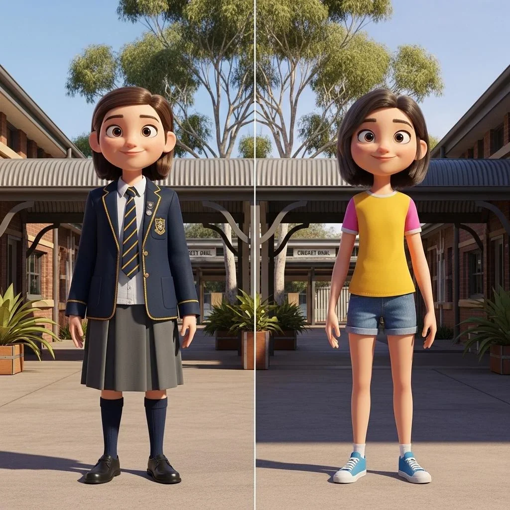 A collection of school uniform pieces and colourful everyday clothes.