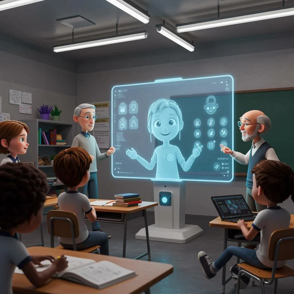 A classroom divided between a human teacher and a large digital screen.
