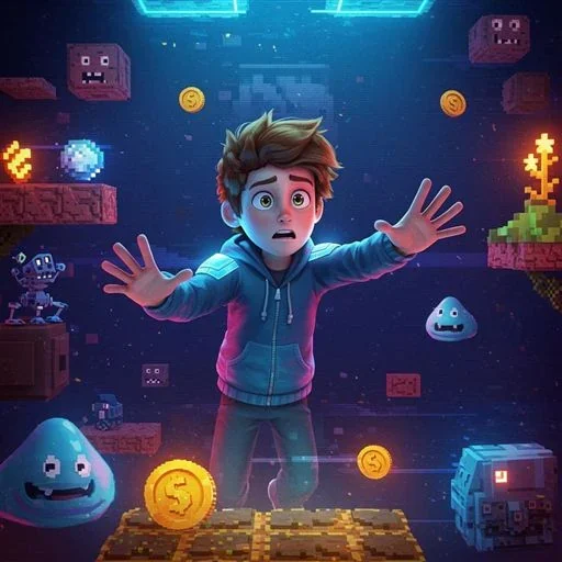 A young player standing inside a glowing video-game world.