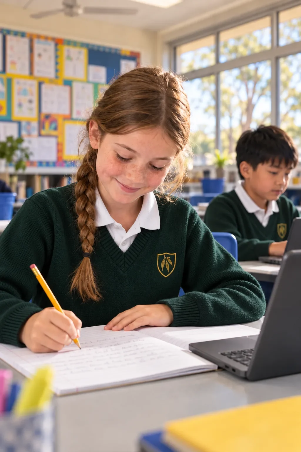 A smiling student in a green school jumper writing in her exercise book, a laptop open beside her
