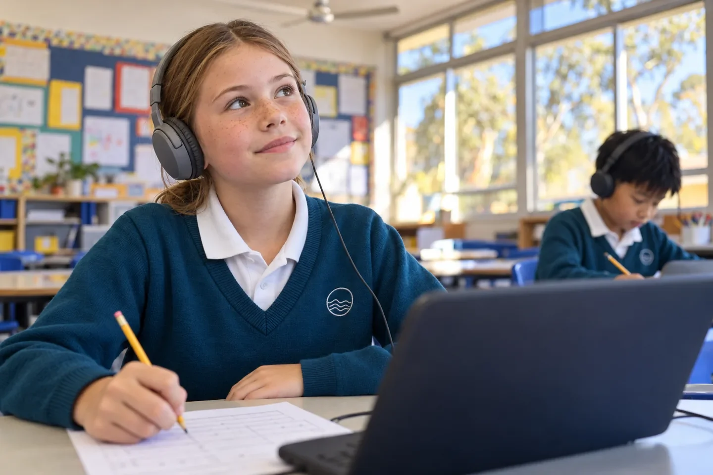 A student in headphones listens to a spelling word, her pencil ready over her answer sheet, while a classmate writes behind her.