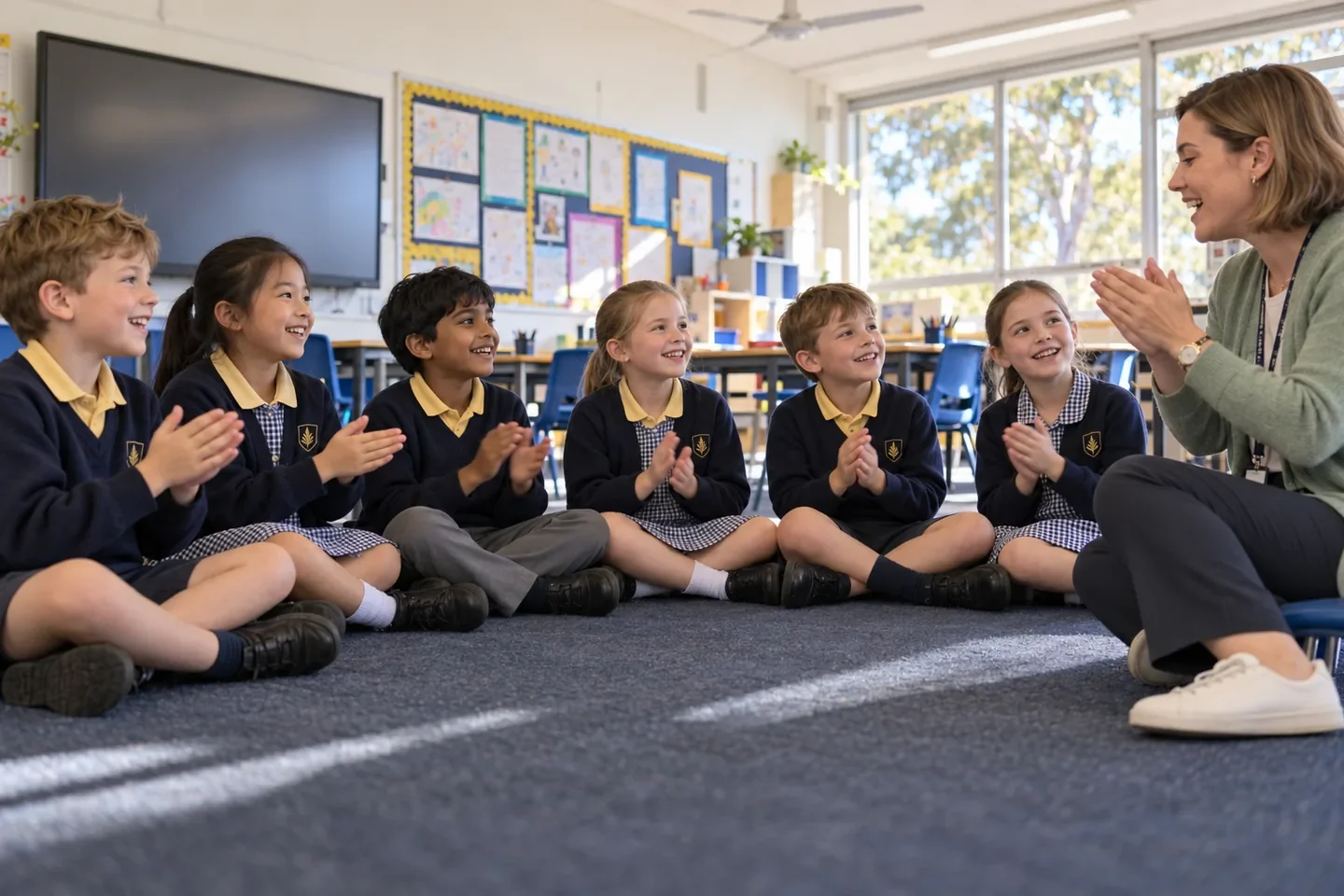 A teacher sits with a small group of students on the classroom carpet, all clapping out the syllables of a word together.