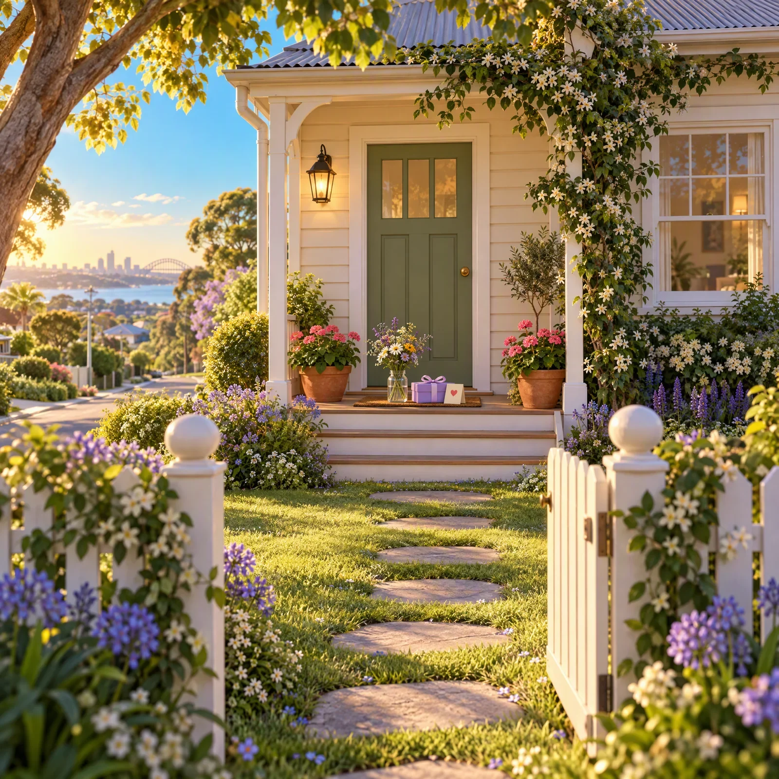 A jar of flowers and a wrapped gift wait on a cottage doorstep.