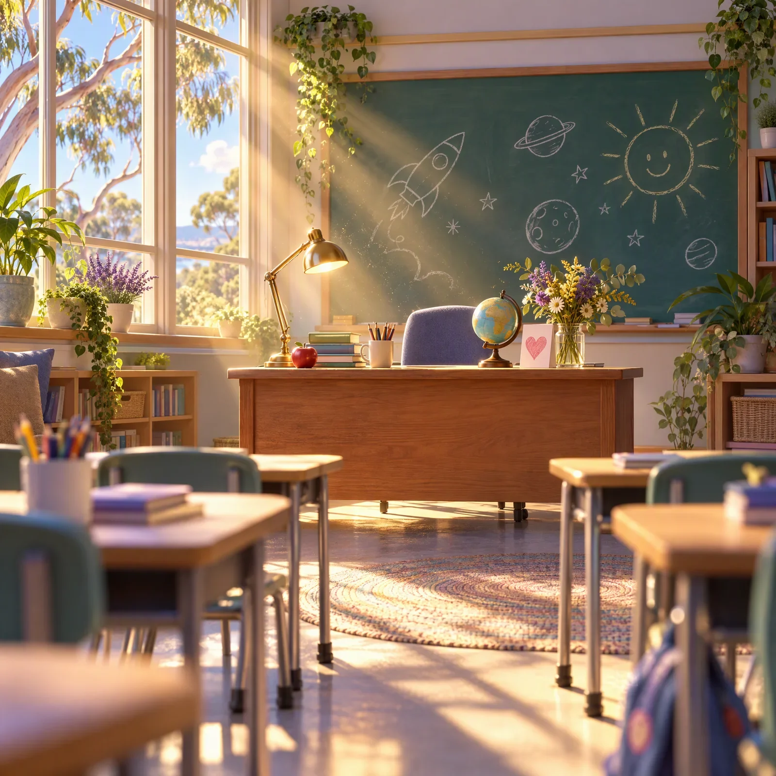 Morning sunlight falling on a teacher’s desk with an apple, a globe, a glowing lamp and flowers left by the class.